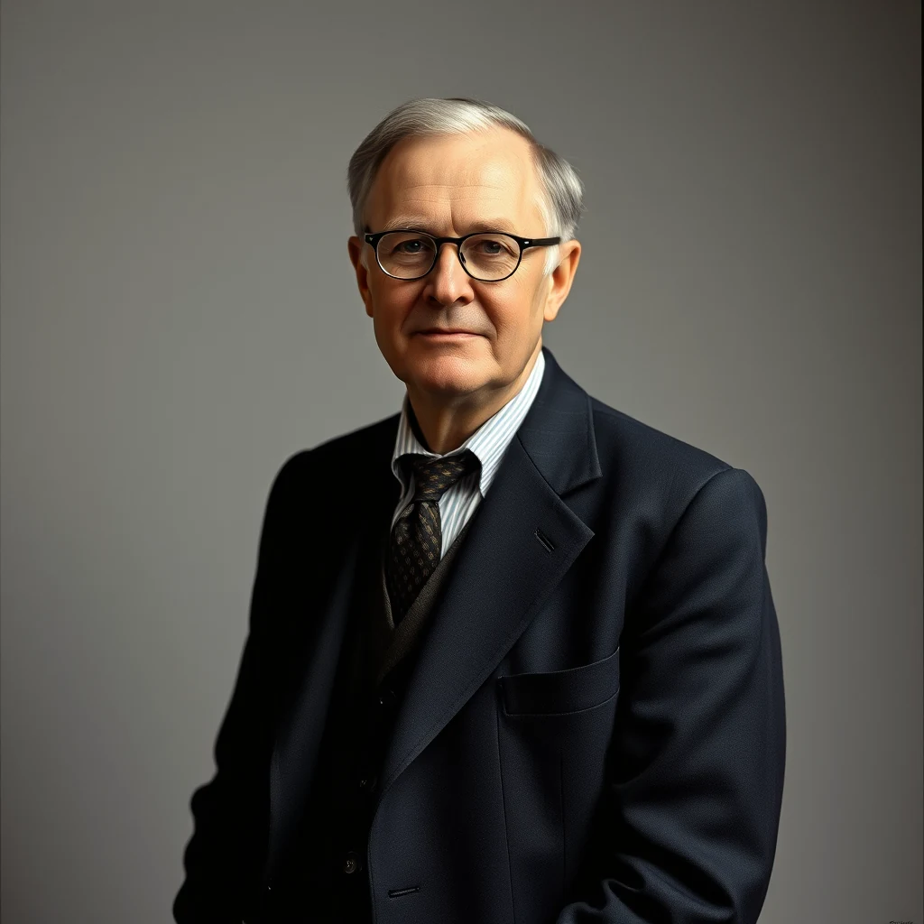 A man wearing glasses and a dark suit stands against a neutral background, exuding a formal and professional demeanor.
