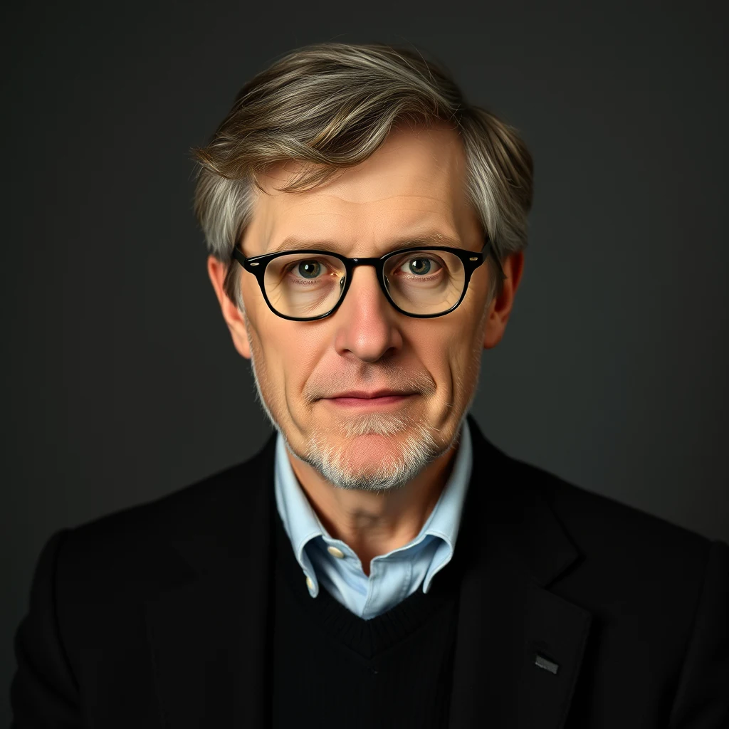 A man with short, graying hair and glasses is dressed in a black blazer over a light blue shirt, set against a dark background.