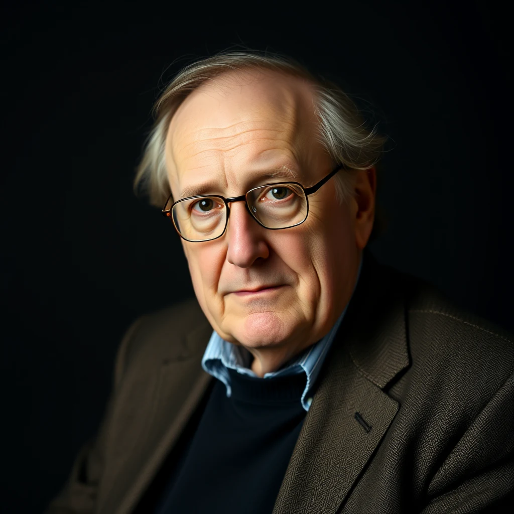 A man with short, light-colored hair and glasses, wearing a dark blazer over a blue collared shirt, stands against a dark background.