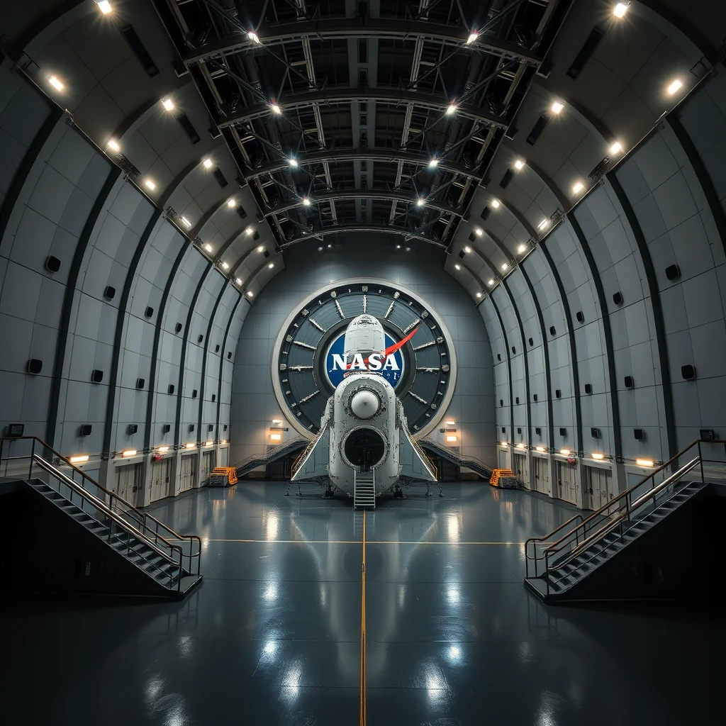A large, circular chamber with a NASA logo prominently displayed on its back wall houses a spacecraft, surrounded by structural beams and lighting fixtures, indicative of the Johnson Space Center's historic testing facility.