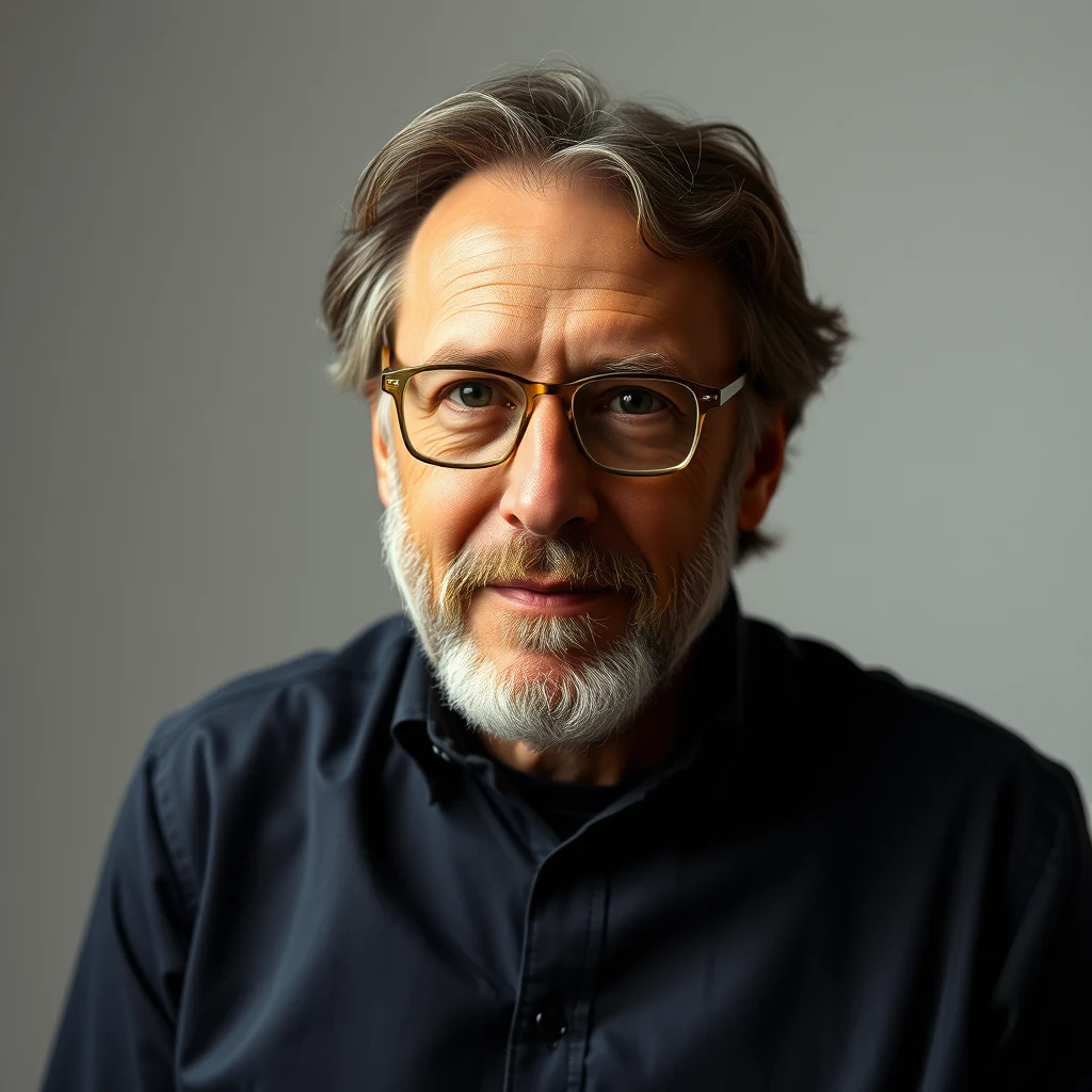 A man with gray hair and glasses wears a dark blue shirt against a neutral background.