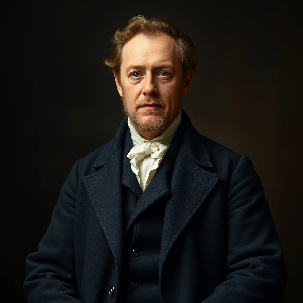 A man with light brown hair and a beard, dressed in a dark blue coat over a white shirt with a bow tie, stands against a dark background.