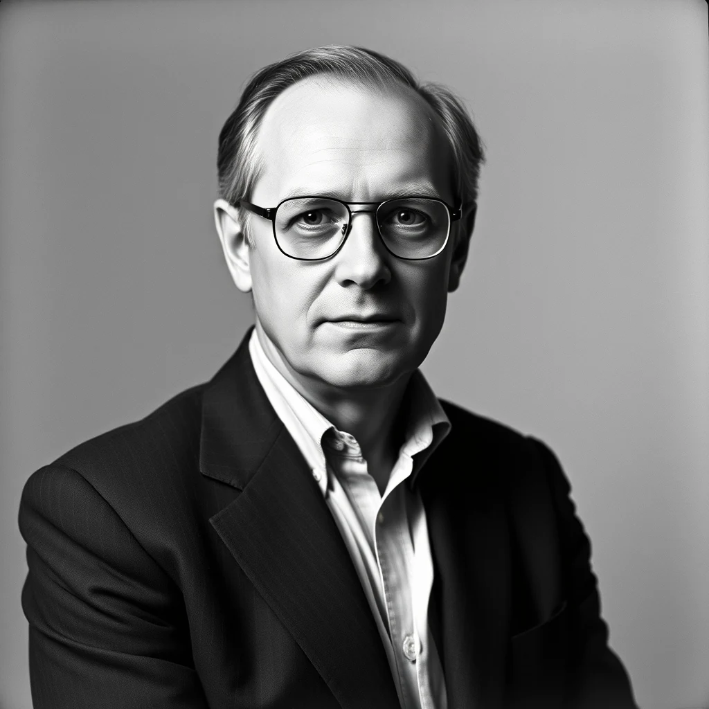 A man wearing glasses and a suit stands against a neutral background, looking directly at the camera.
