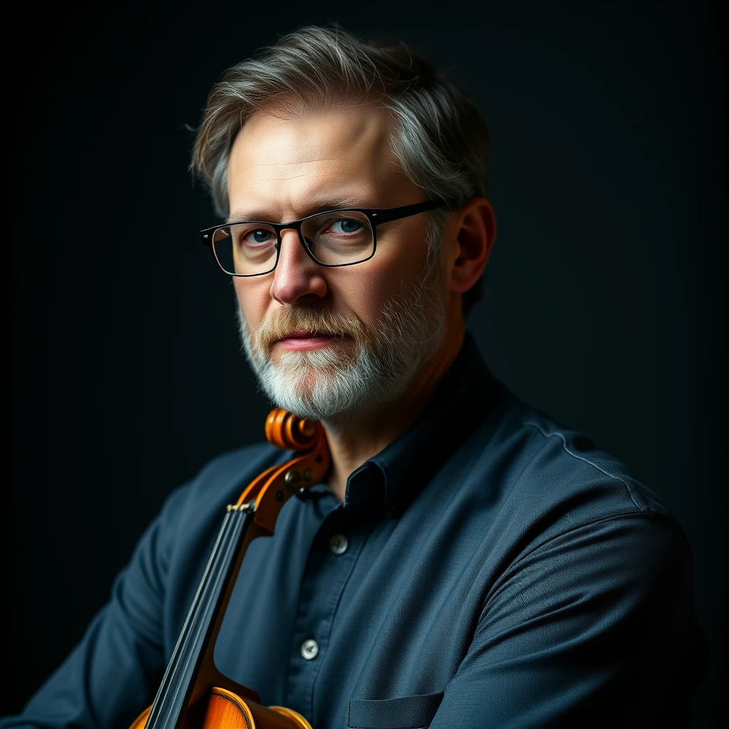A man with gray hair and glasses holds a violin, dressed in a dark blue shirt against a dark background.