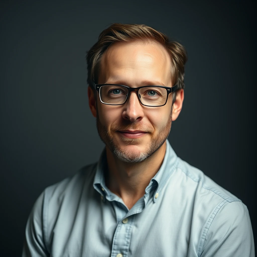 A man with short brown hair and glasses, wearing a light blue button-up shirt, stands against a dark background.