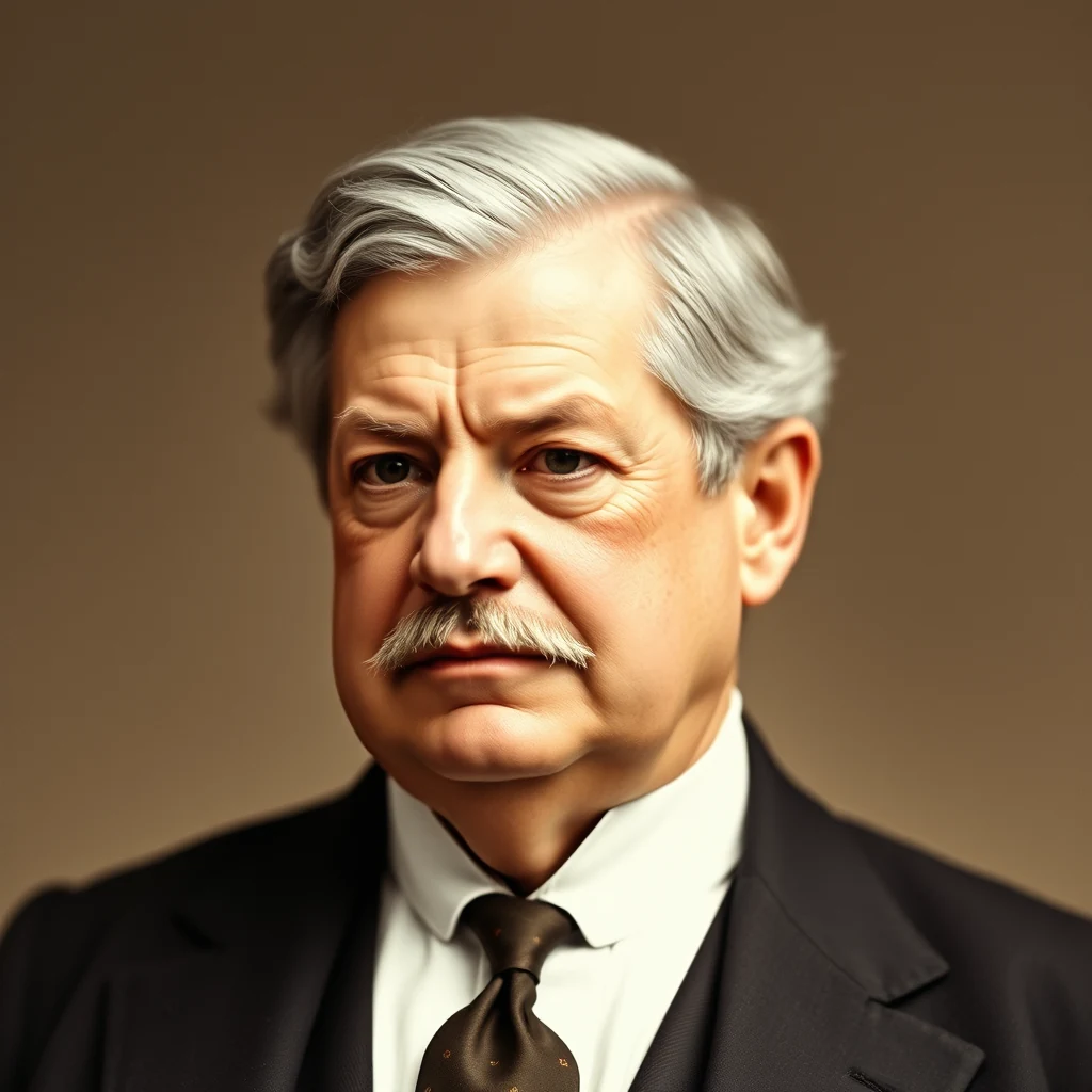 A man with gray hair and a mustache, dressed in a formal suit and tie, stands against a neutral background.