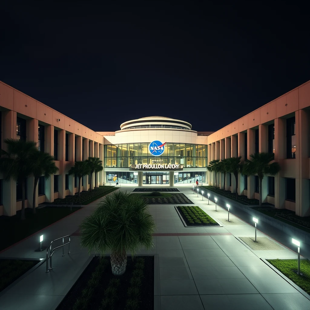The illuminated entrance to the Jet Propulsion Laboratory at night showcases its modern architecture with palm trees lining the pathway and the iconic NASA logo prominently displayed above the entrance.
