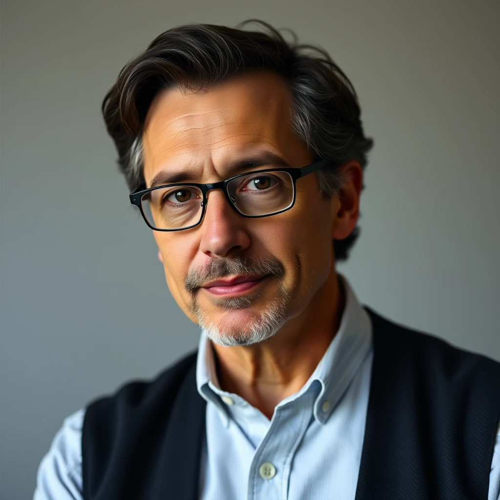 A man with dark hair and glasses, wearing a light blue shirt and a dark vest, smiles slightly while looking directly at the camera.