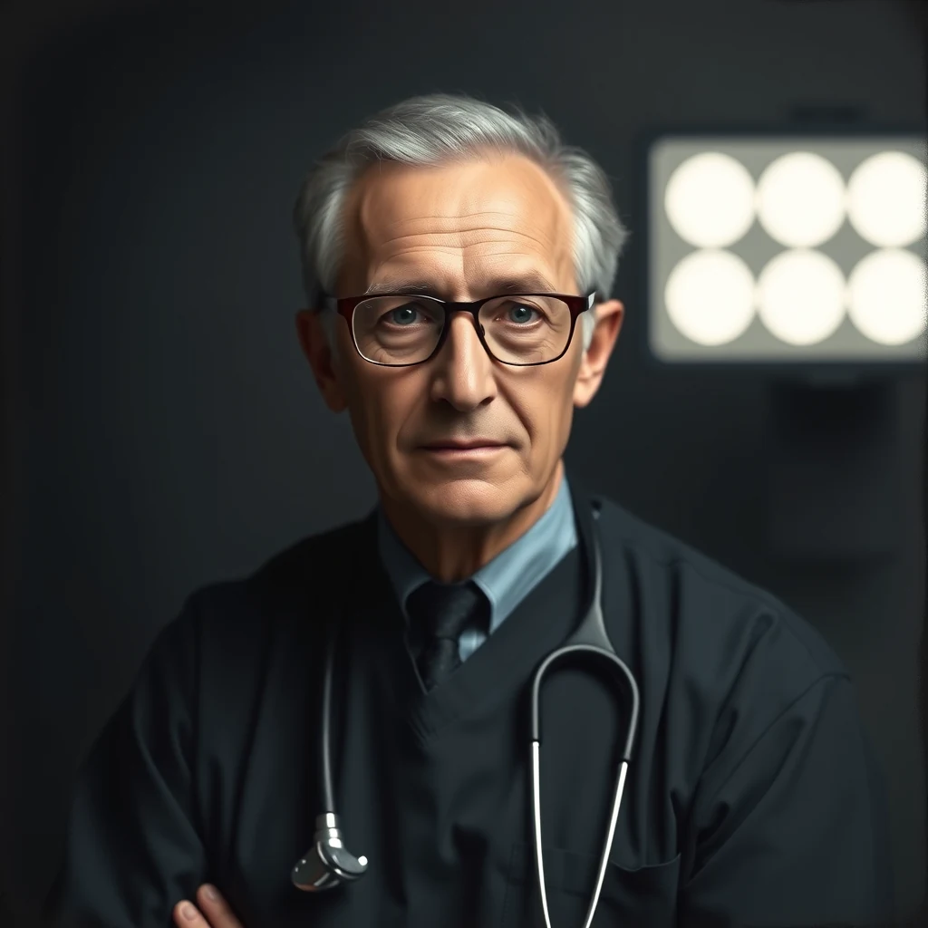 A man with gray hair and glasses, wearing a black lab coat and stethoscope, stands with his arms crossed against a dark background illuminated by a grid of lights.