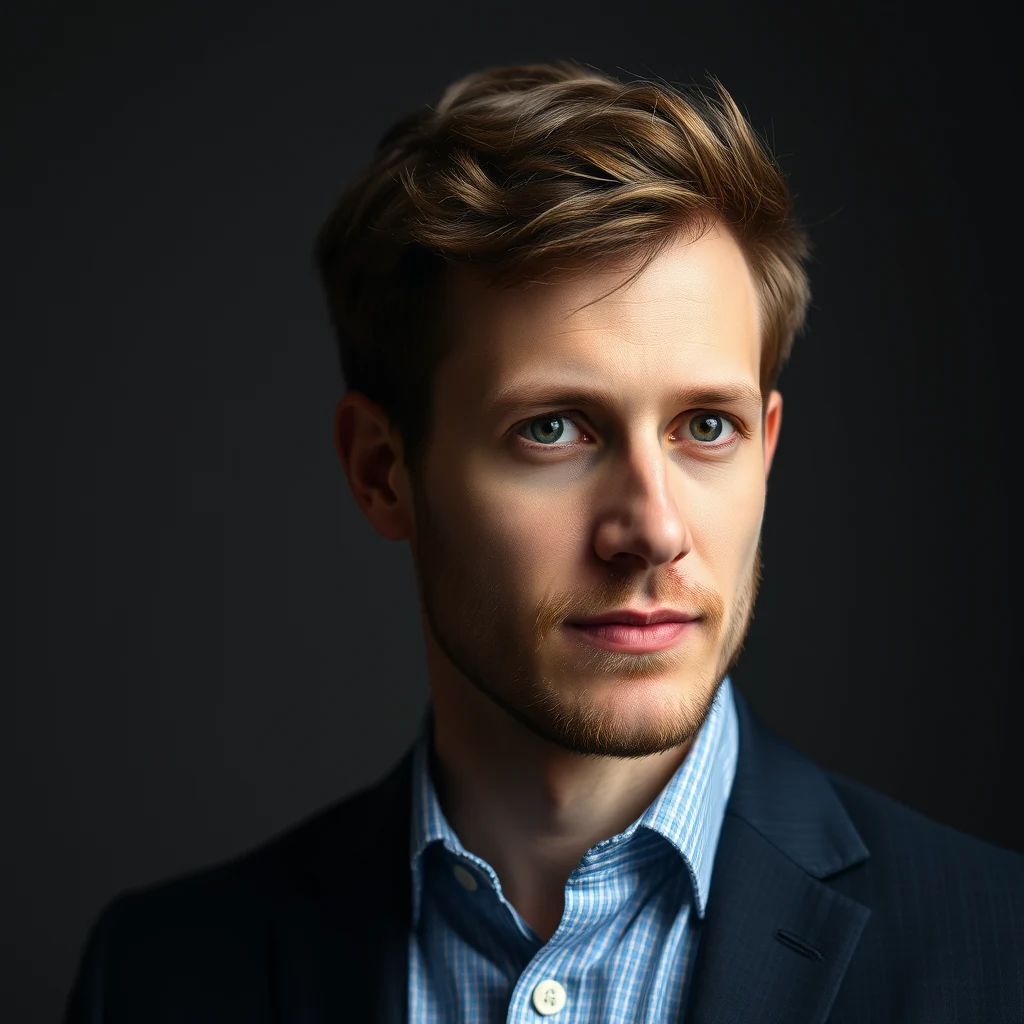 A man with short brown hair and a neatly trimmed beard, wearing a dark suit jacket over a light blue checkered shirt, stands against a dark background.