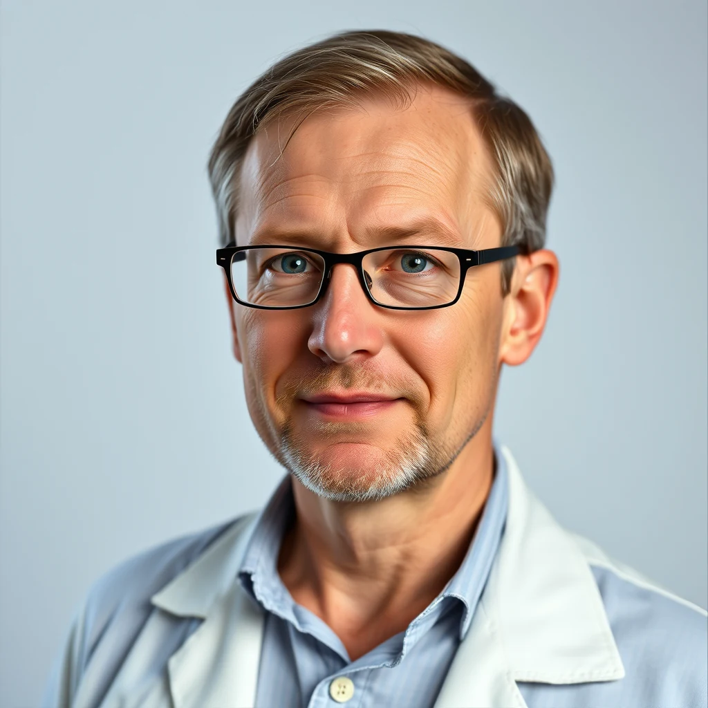 A man wearing glasses and a light blue shirt under a white lab coat smiles gently against a plain background.