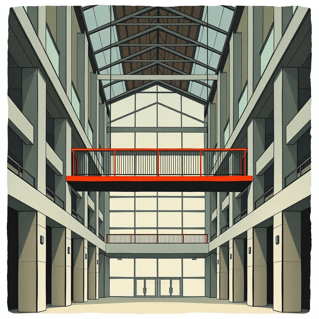 The image depicts an interior atrium with multiple levels, featuring a red balcony and a glass roof, illustrating architectural design elements that align with Kansas City building codes from the late 1970s.