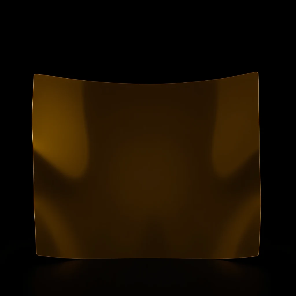 A curved, reflective gold sheet with a smooth, glossy surface is shown against a dark background, representing Kapton, a polyimide film known for its high temperature stability and use in spacecraft insulation.