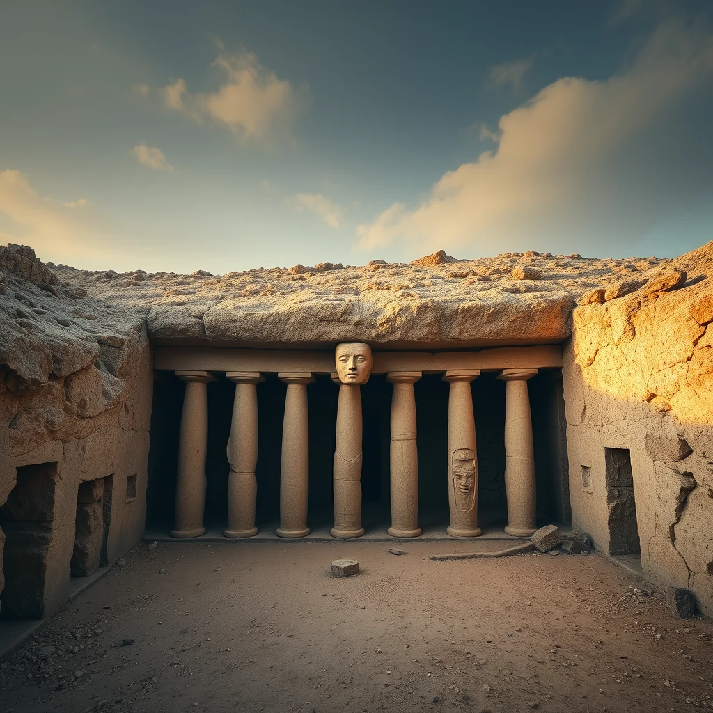 A stone structure with columns and a carved face stands in the foreground, surrounded by rocky terrain under a partly cloudy sky, representing the Karahan Tepe archaeological site.