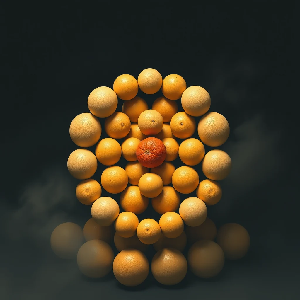 The image illustrates the Kepler conjecture, showcasing an arrangement of spheres in a face-centered cubic pattern with one sphere slightly offset to highlight the concept's core idea.