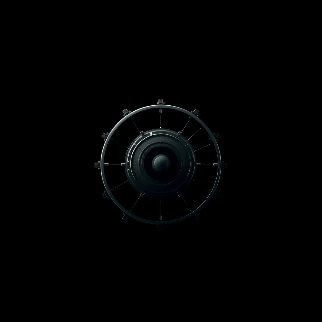 A circular object with a central lens-like structure surrounded by evenly spaced protrusions against a dark background, resembling the Kepler space telescope's design.