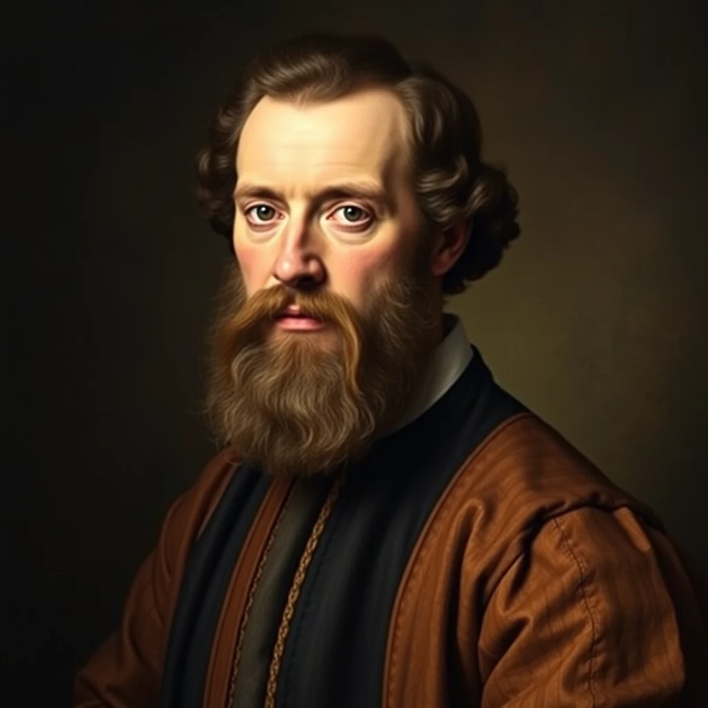 A portrait depicts a man with curly hair and a full beard, wearing a brown robe over a dark shirt, set against a dark background.