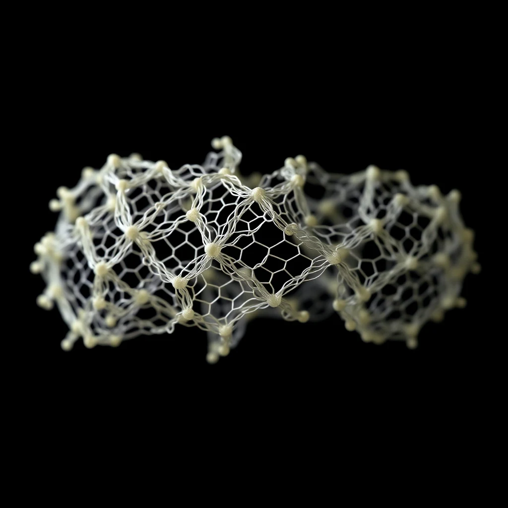 A molecular model of Kevlar's hexagonal lattice structure, showcasing its interconnected network of atoms and hydrogen bonds.