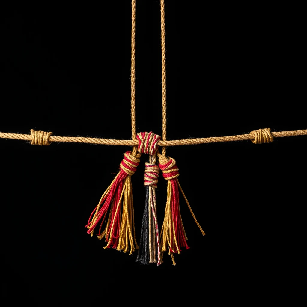 A khipu with a primary cord intersecting to form an X, from which hang four secondary cords, each tied in a knot at the center, with red, yellow, black, and white strands visible.