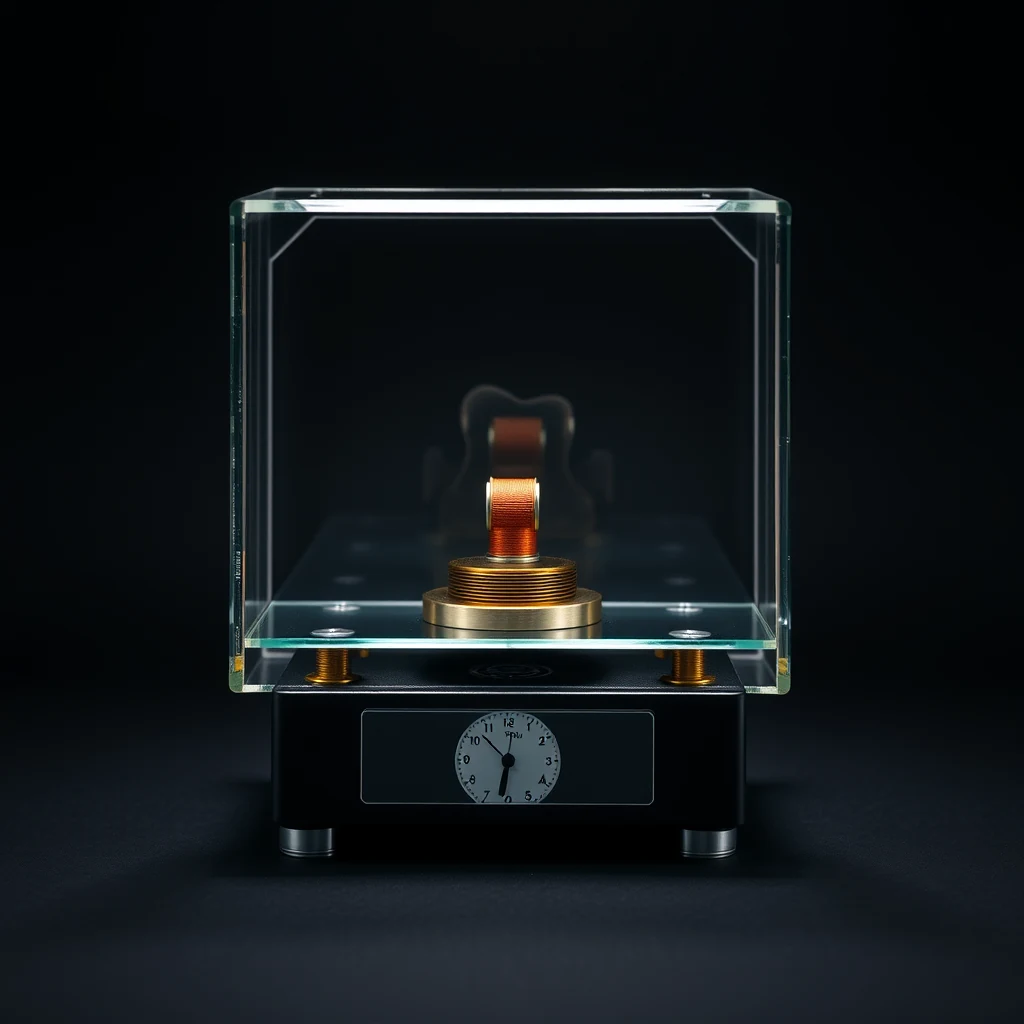 A Kibble balance is displayed within a glass enclosure, featuring a coil and a metallic base with a clock-like mechanism at the bottom.