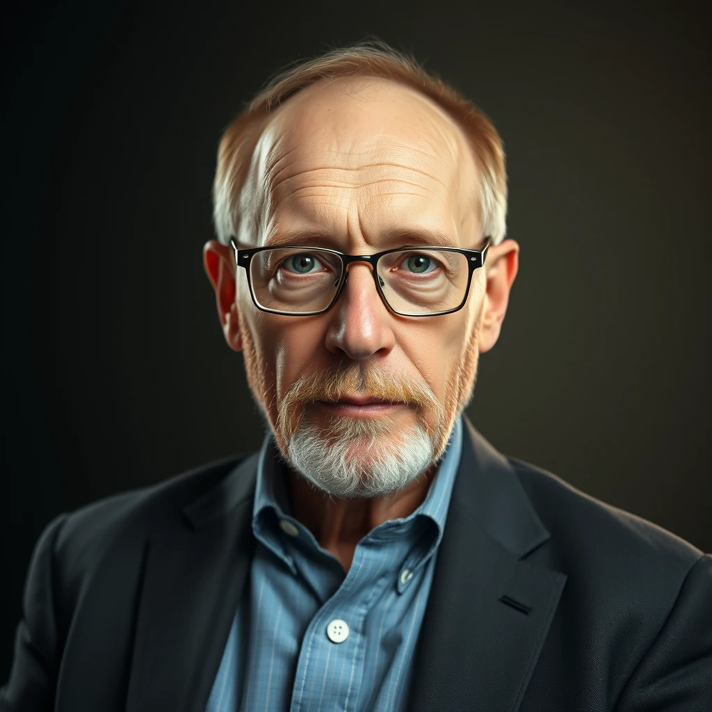 Kip Thorne, an American theoretical physicist born in 1940, is depicted wearing glasses and a suit, with a thoughtful expression against a dark background.