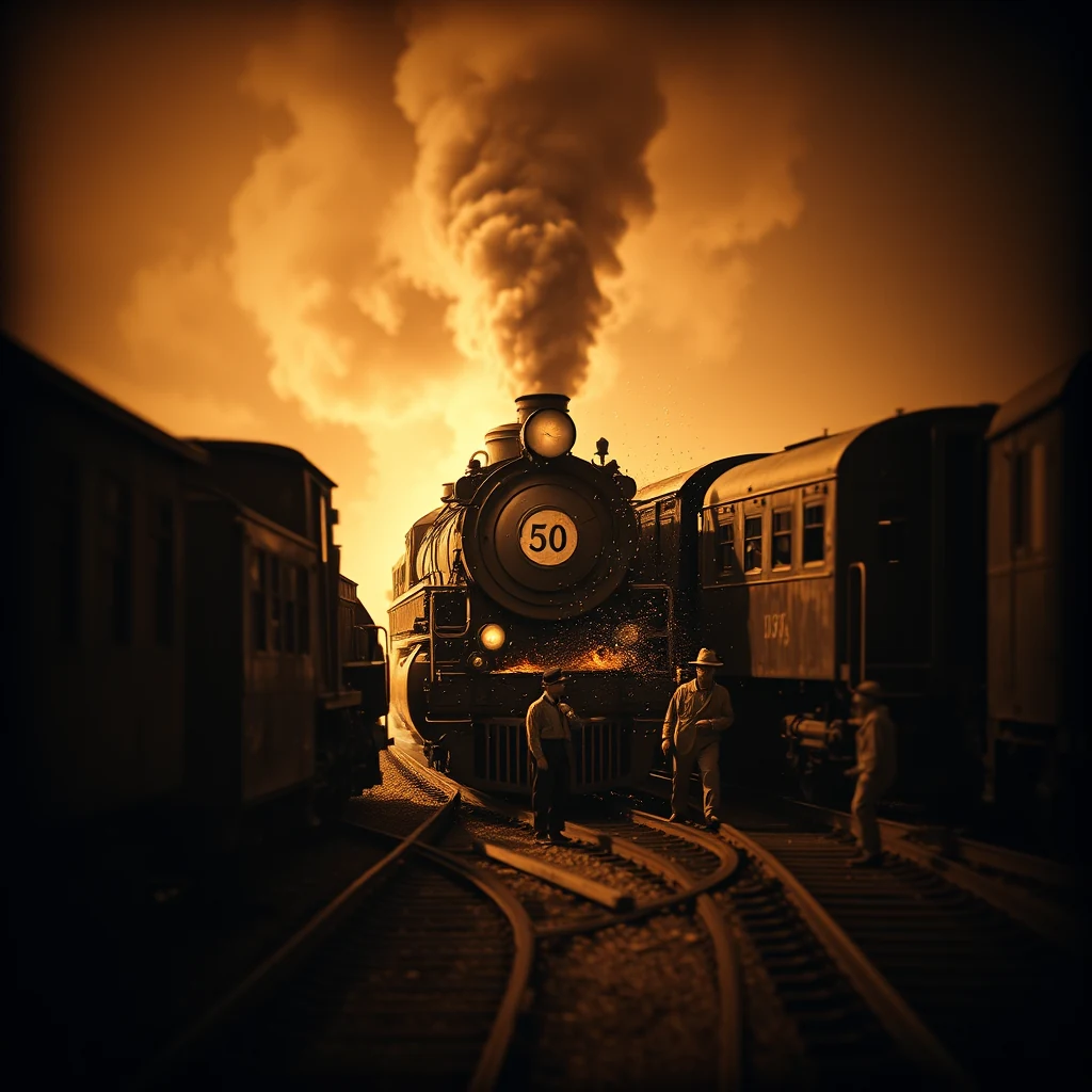A steam locomotive numbered 50 emits thick smoke as it collides with another train at night, with three figures standing on the tracks, illuminated by the fiery glow of the collision.