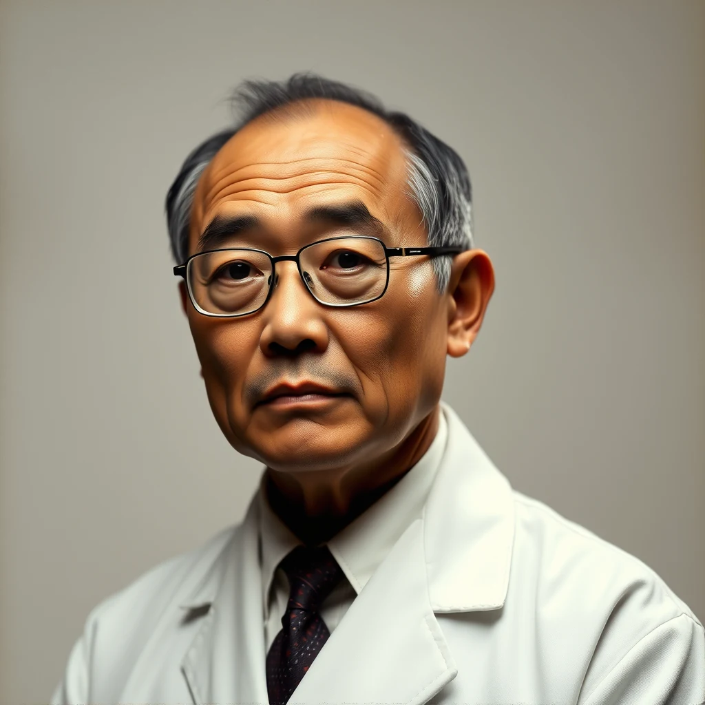A man wearing glasses and a white lab coat stands against a neutral background.