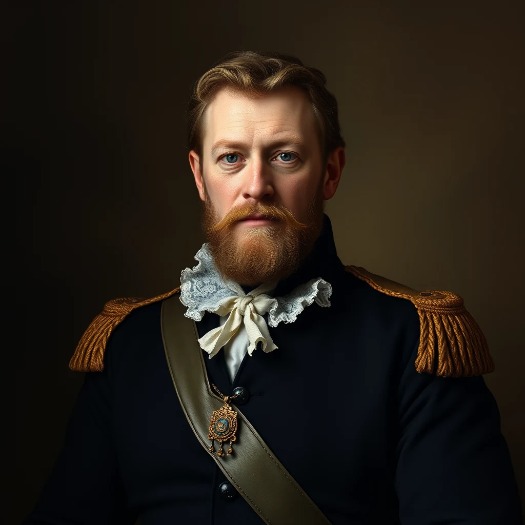 A man with a red beard and mustache wears a dark military uniform adorned with gold epaulets and a sash, symbolizing his rank and achievements.