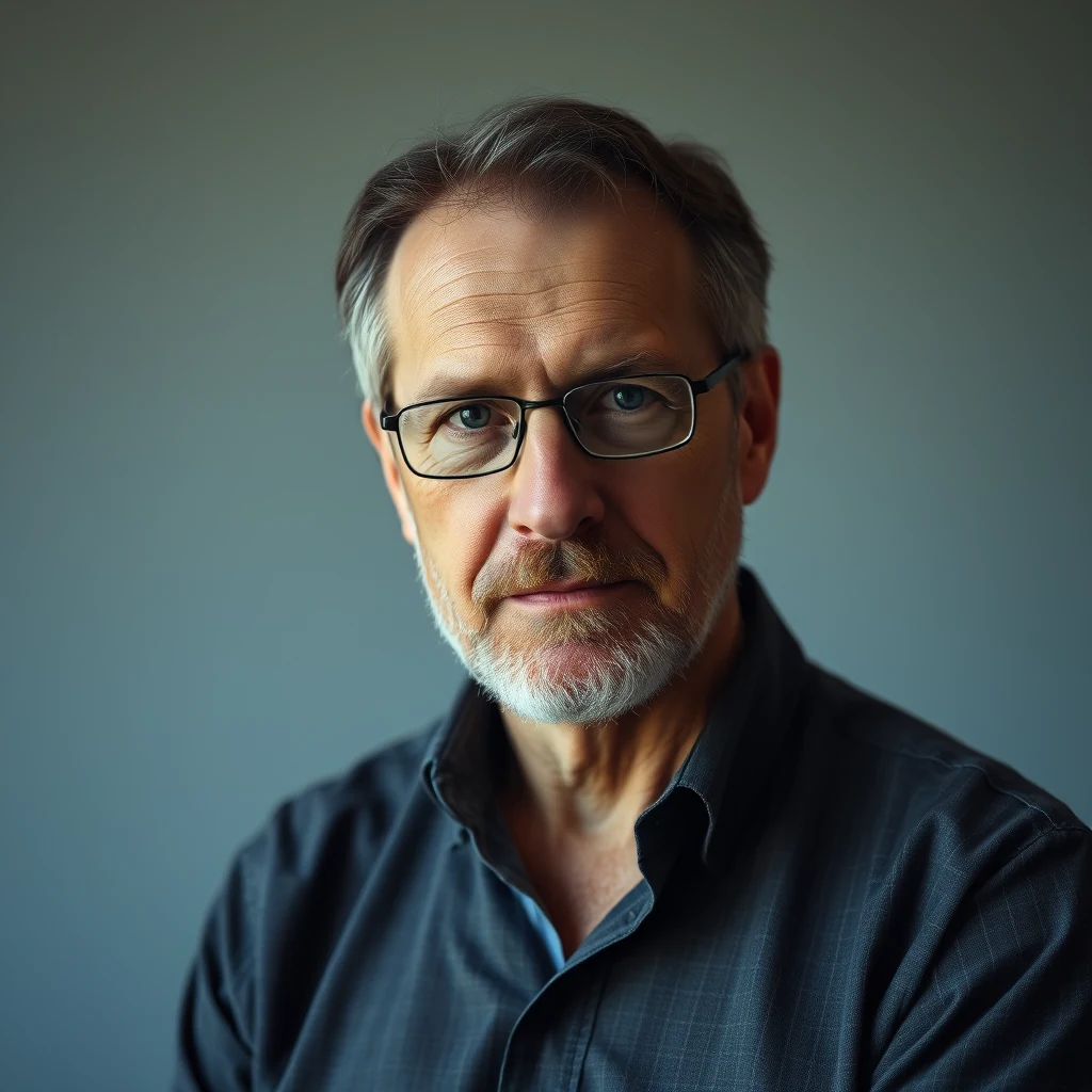 A man with short gray hair and glasses, wearing a dark collared shirt, stands against a plain background.