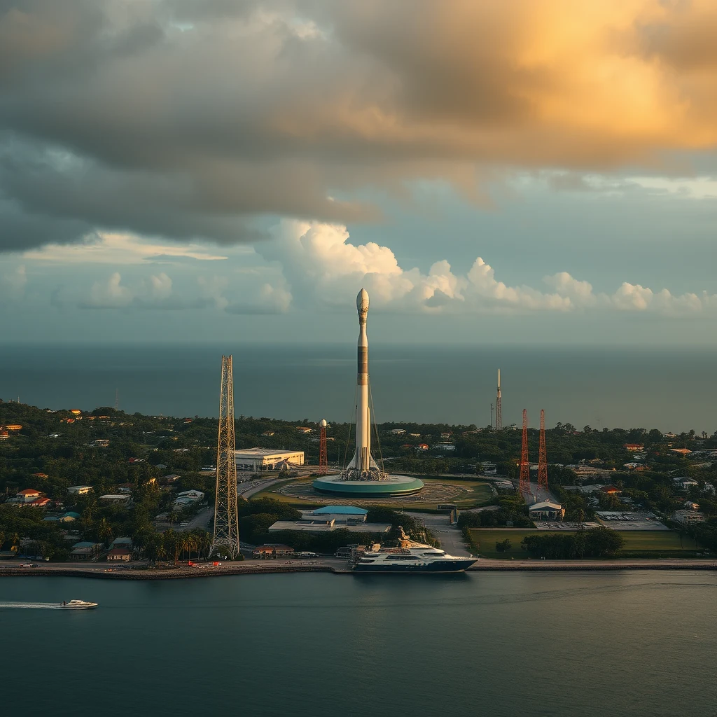 A coastal town with a prominent rocket launch facility, surrounded by lush greenery and modern infrastructure, under a dramatic sky at sunset.