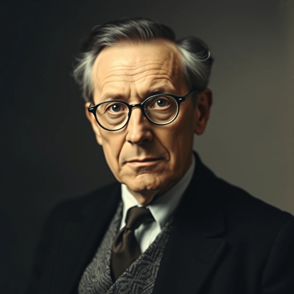 A portrait of Kurt Gödel, wearing glasses, a dark suit, a white shirt, and a patterned vest, set against a neutral background.