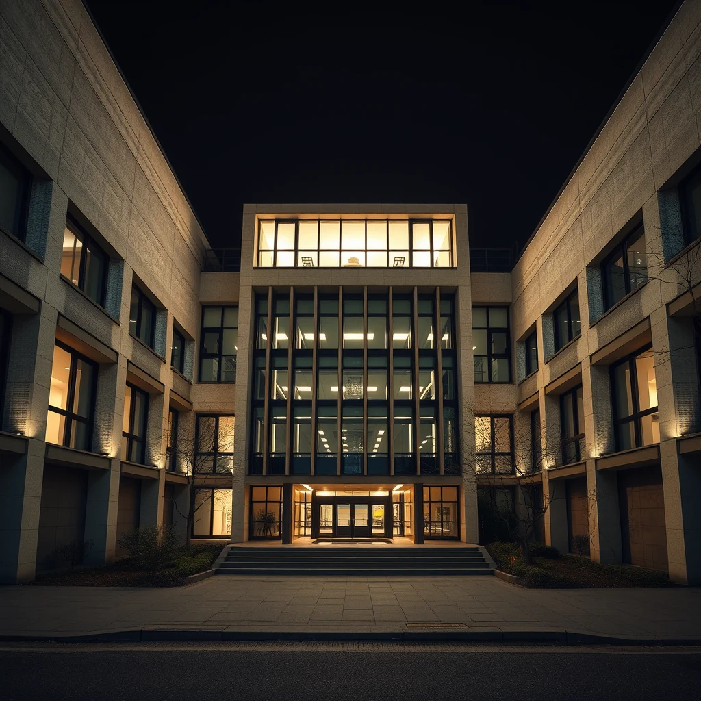 A modern building at night, featuring illuminated windows and a central courtyard, exemplifies the Kyoto Institute of Technology's architectural design.