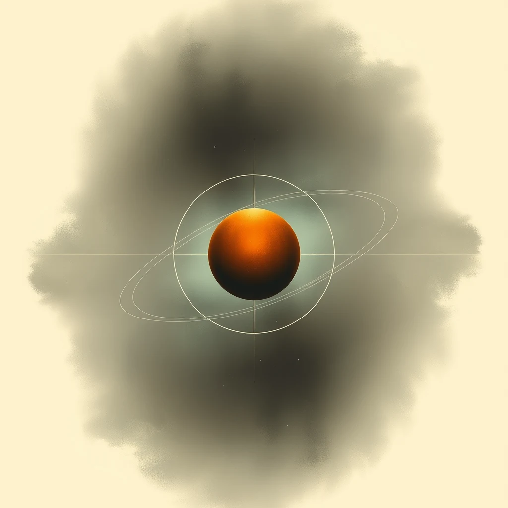 A glowing orange sphere with concentric rings around it, set against a backdrop of swirling dark clouds, symbolizes the Sun-Earth L2 concept, representing the second Lagrange point in the solar system.