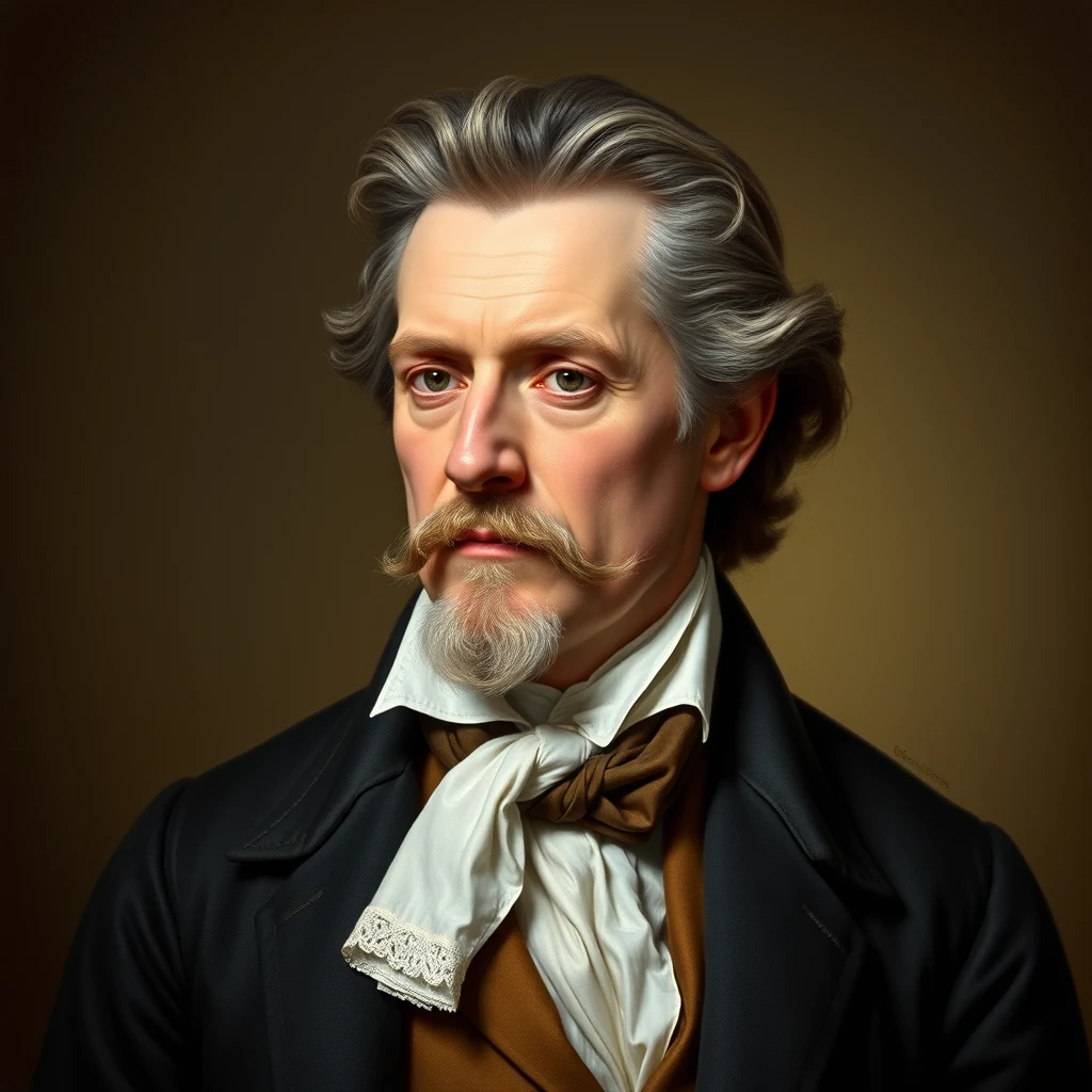 A portrait depicts a man with gray hair and a mustache, dressed in historical attire including a black coat, white shirt, and brown bow tie, set against a dark background.