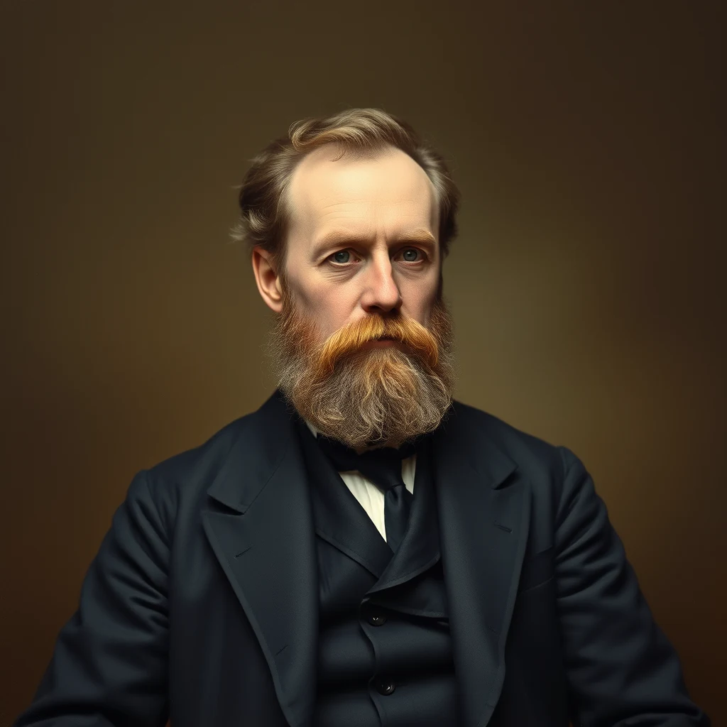 A man with a neatly groomed beard and mustache, dressed in formal attire, stands against a dark background, exuding an air of scholarly respectability.