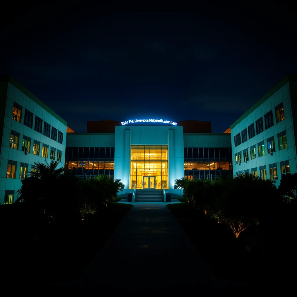 A nighttime view of the illuminated entrance to the Lawrence Livermore National Laboratory, showcasing its modern architecture and the glowing interior lights.