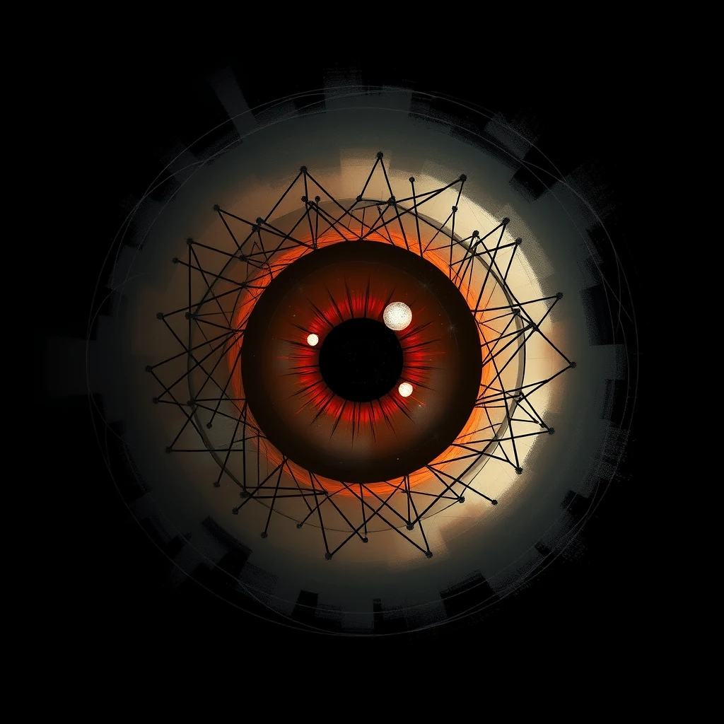 A digital illustration of an eye with a geometric, spiderweb-like structure overlaying it, symbolizing Leber congenital amaurosis, a group of inherited retinal diseases causing severe vision loss from birth or early infancy.