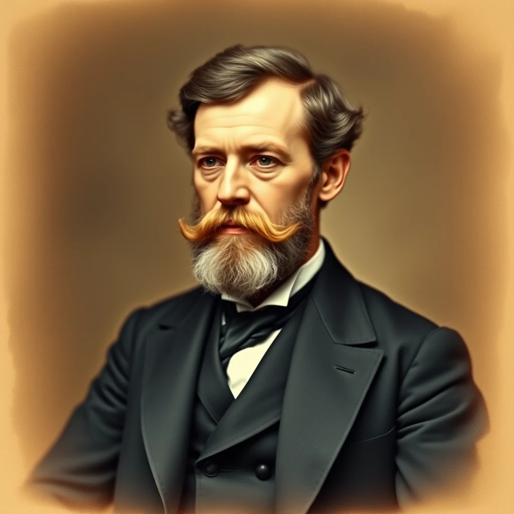 A man with a mustache and beard, dressed in formal attire, stands against a warm-toned background, symbolizing the historical figure Paul-Émile Lecoq de Boisbaudran, a French spectroscopist known for his pioneering work in identifying new elements through flame and spark spectra.