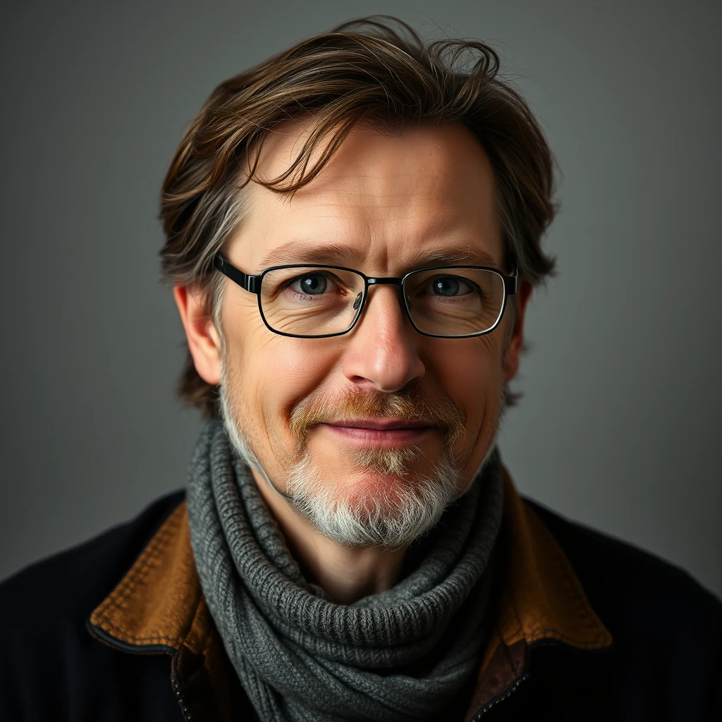 A person with short, wavy hair and glasses is wearing a dark jacket with a brown collar and a gray scarf, set against a neutral background.