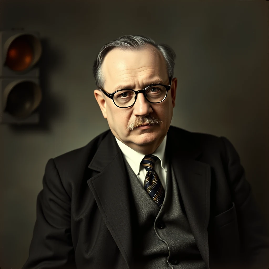 A man wearing glasses and a dark suit with a striped tie sits in front of a traffic light, suggesting a moment of contemplation or inspiration.
