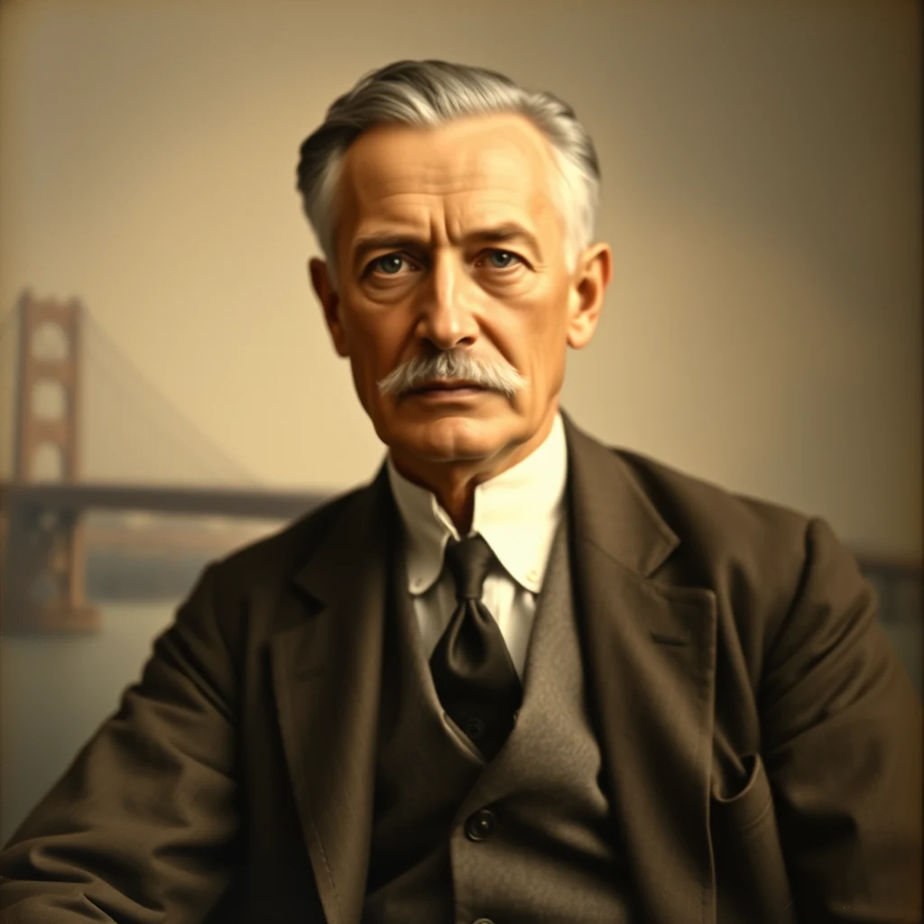 Leon Moisseiff, a leading American suspension bridge engineer from the early twentieth century, is depicted in formal attire with a backdrop featuring the Golden Gate Bridge.