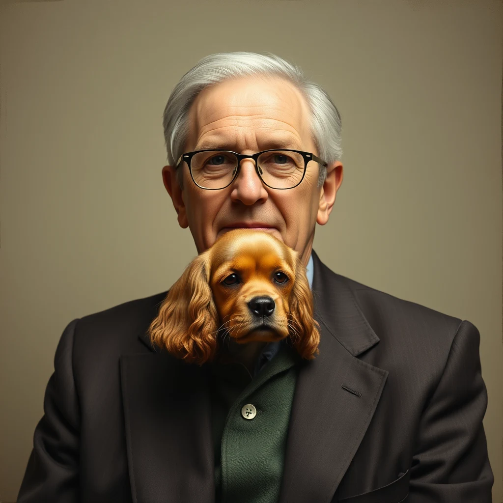 A man in a suit with a cocker spaniel head superimposed on his chest.