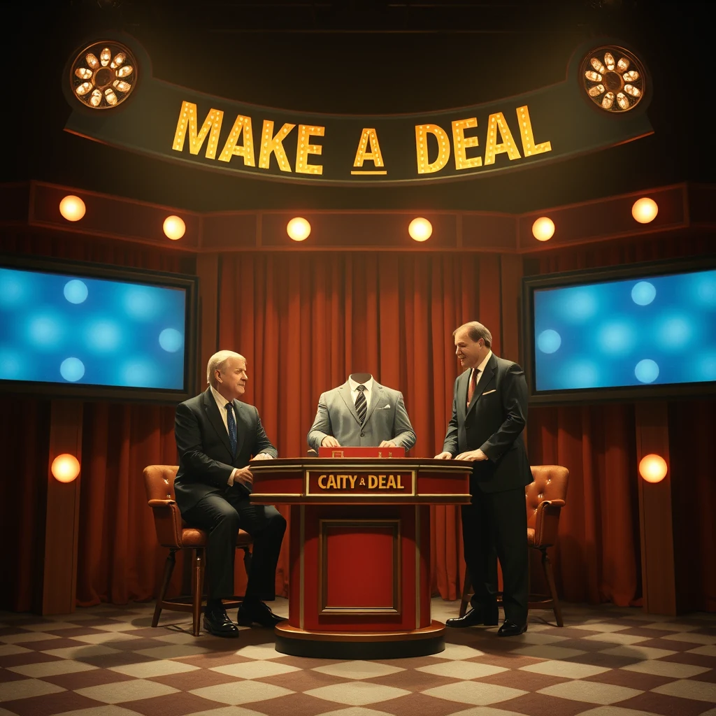 Three individuals in formal attire are seated at a red podium labeled "CAITY & DEAL," with a backdrop featuring the words "MAKE A DEAL" illuminated above. The setting appears to be a stage designed to resemble a classic game show set.