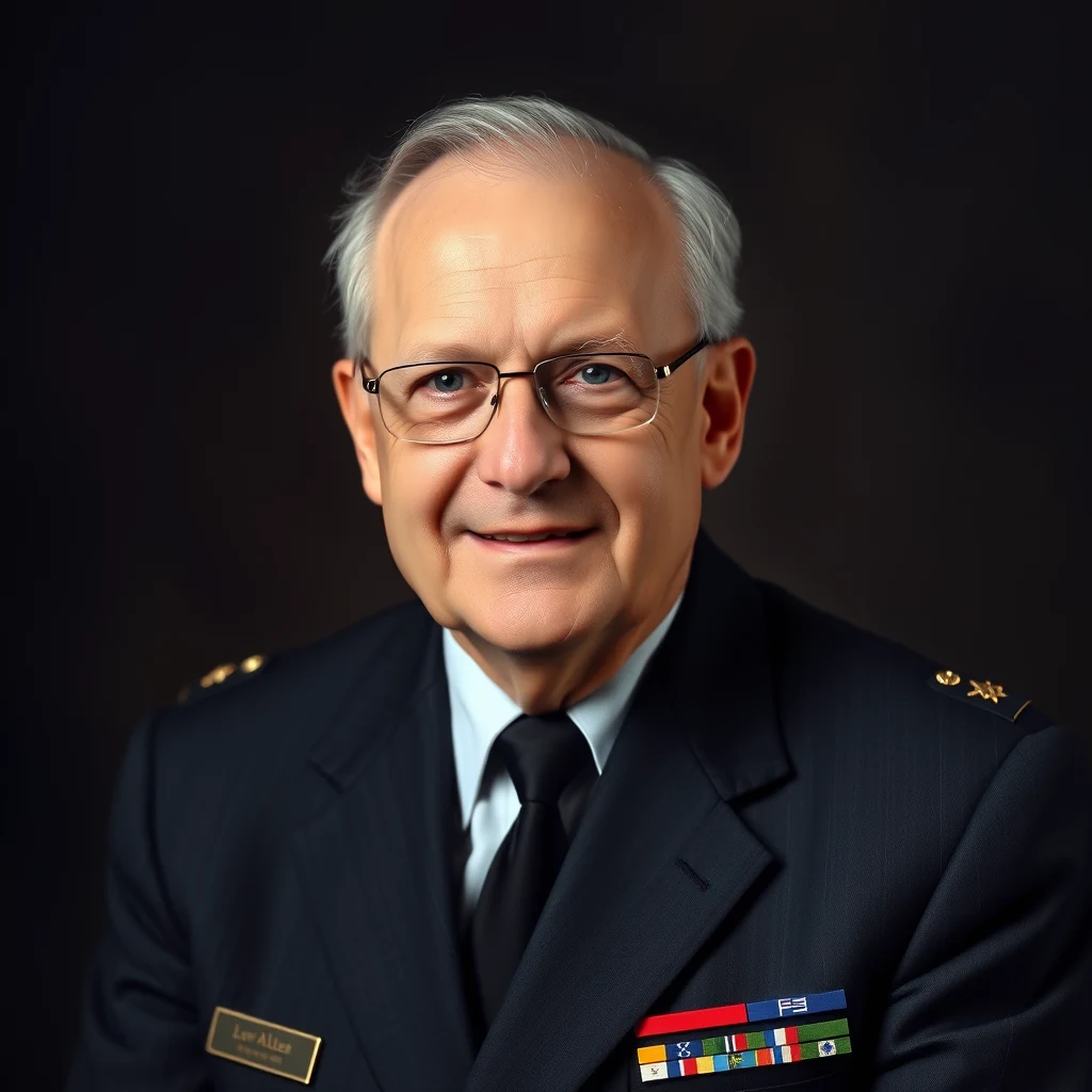 Lew Allen, an American physicist and four-star Air Force general, is depicted wearing a formal military uniform adorned with medals and insignia, symbolizing his distinguished career and service.