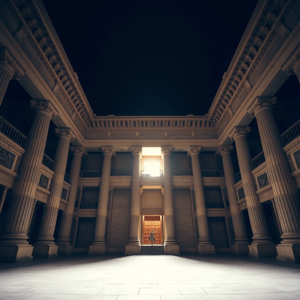 A grand, symmetrical courtyard with tall columns and a bright light shining through an open door at the far end, evoking the historical ambiance of the Library of Alexandria.