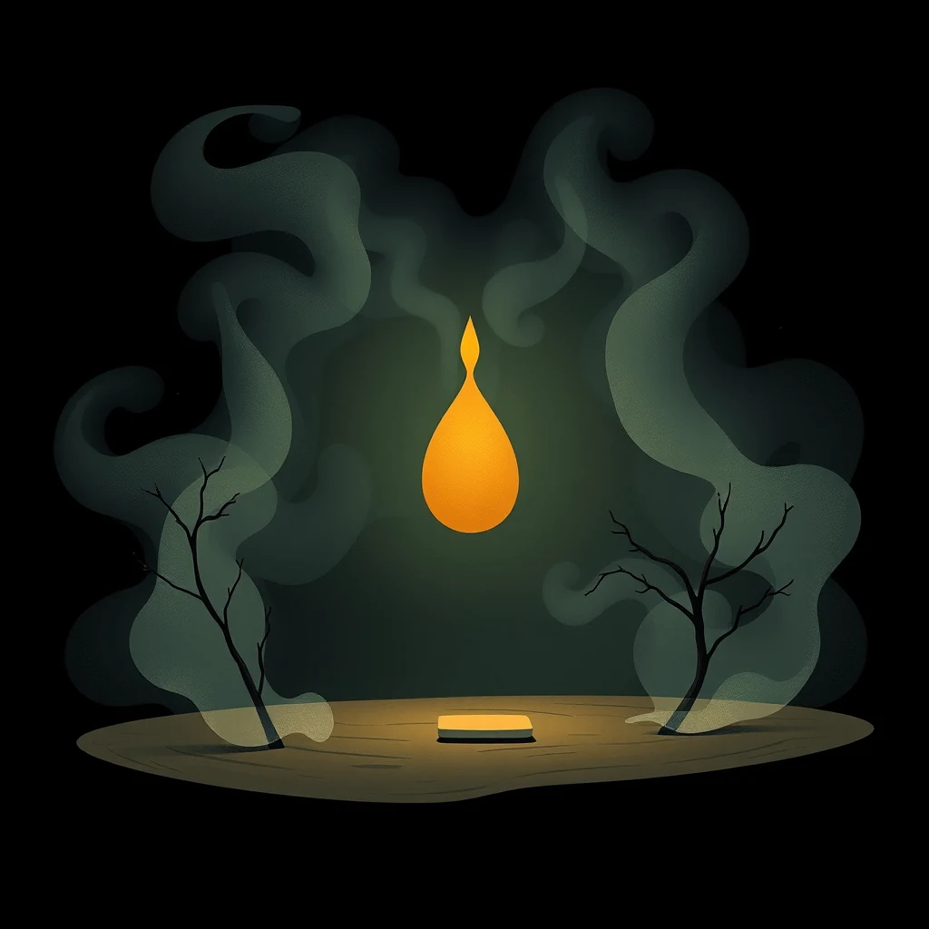 A glowing orange droplet emits smoke, flanked by two bare trees on a dark background, symbolizing the transformation of lignin under heat.
