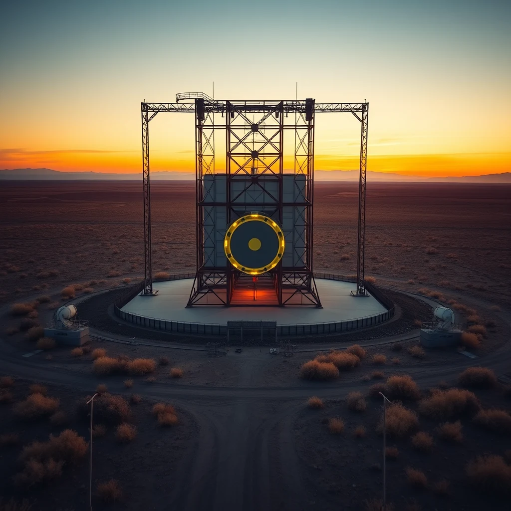A large, intricate metal structure stands prominently in a vast, flat desert landscape under a vibrant sunset sky, with smaller equipment visible around it.