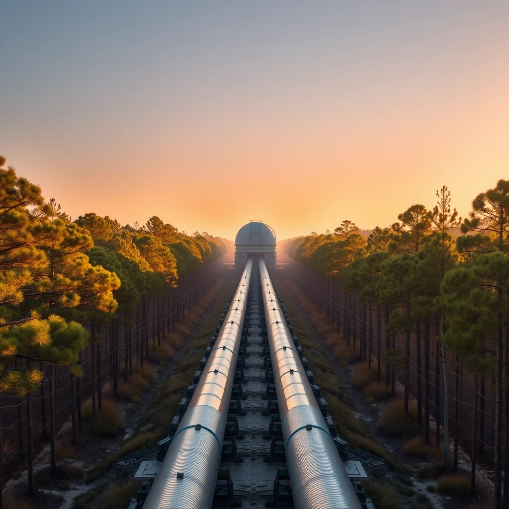 The LIGO Livingston Observatory's four-kilometer L-shaped vacuum pipes stretch through a serene pine forest at sunset, flanked by tall trees and bathed in golden light.