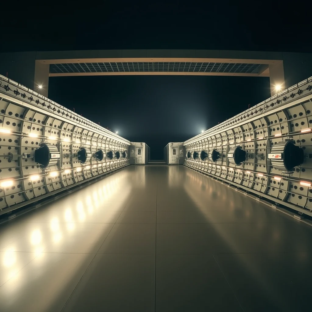 A view of the LIGO detector's interior, showcasing its vast, symmetrical structure with reflective surfaces and illuminated panels, set against a dark sky.