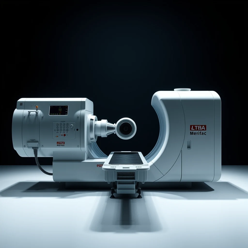 A modern linear accelerator, labeled "LTBA Merifac," is shown with its cylindrical body and control panel, highlighting its role in medical treatments through high-energy particle acceleration.